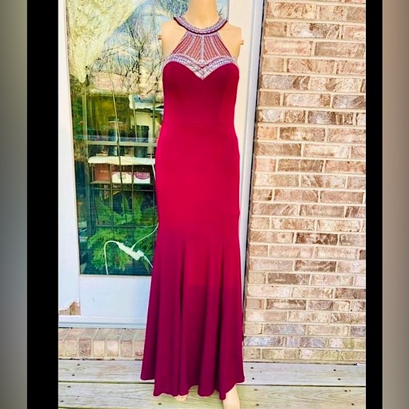 Wine Diamond Glam Formal Halter Prom Dress - Picture 1 of 6